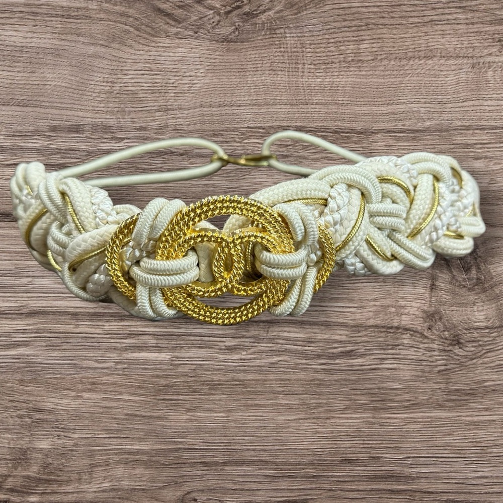 VINTAGE ivory gold embellished crochet braided rope elastic single hook belt